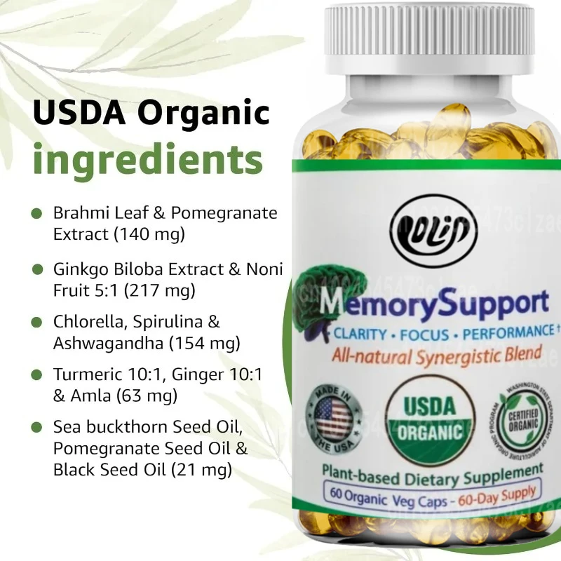 Organic Memory Support Supplement, Suitable for Mental Fatigue, Exhausted Memory, Containing Extracts Such As Ginkgo Leaves