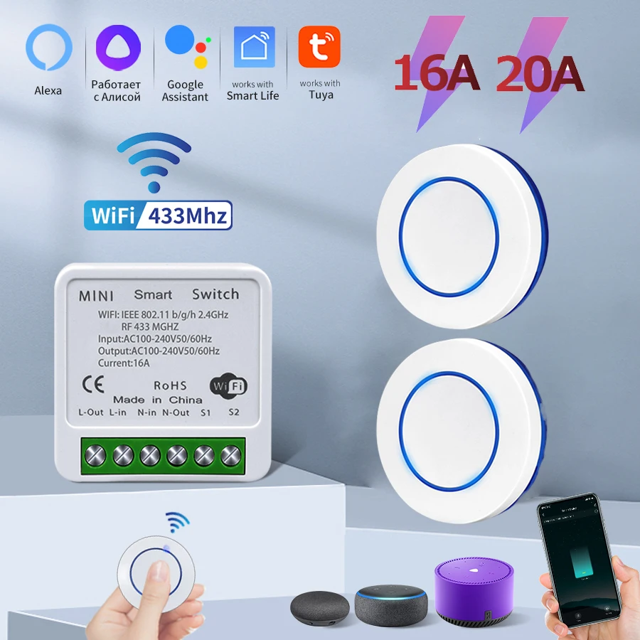Tuya WiFi Smart Switch 16A RF433 Remote Control Relay Receiver Module Light Switch Voice Control Alexa Google Home Timing