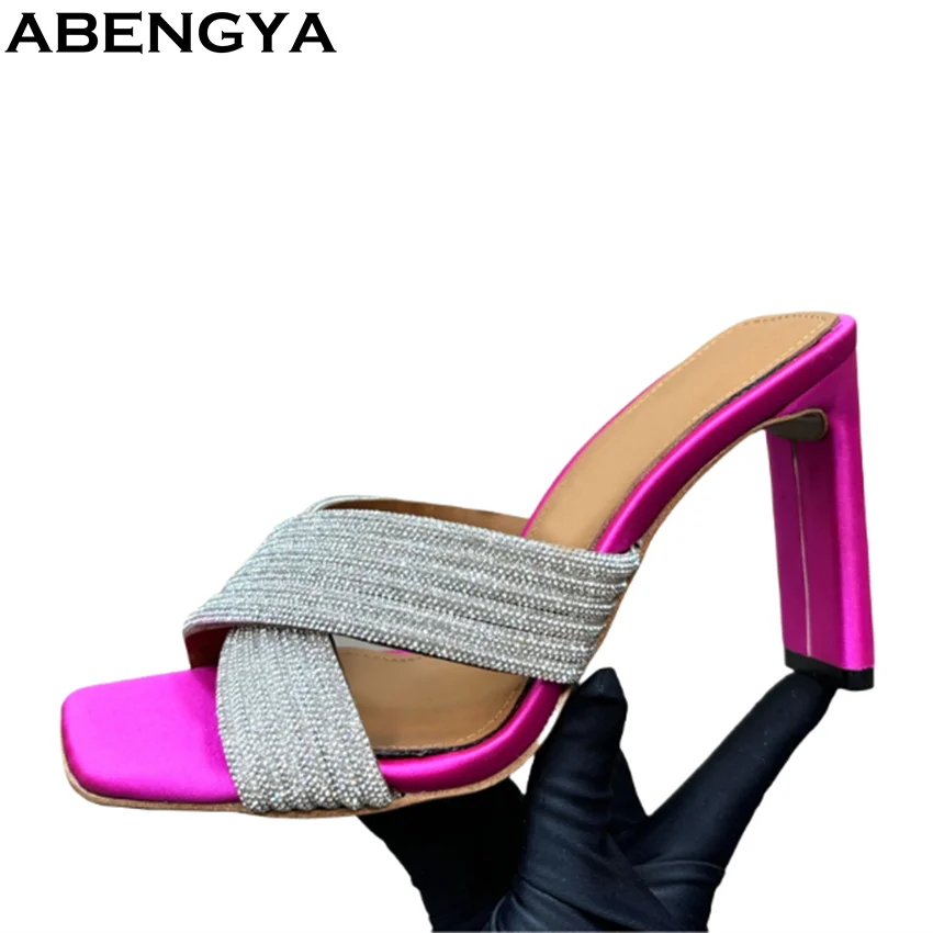 

Hot Sale Crystal Slides Strange Heels Women's Slippers Leather High Heel Party Shoes For Women Gladiator Sandals Slippers