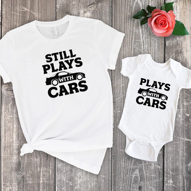 Plays with Cars Daddy and Me Matching Shirts Print Still Plays with Cars Tshirt Father Dad Baby Set Summer Clothing M