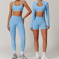 New Women Sportwear 3 Piece Set Yoga Top Jacket Pants Leggings Sports Bra Scrunch Shorts Gym Workout Clothes Fitness Suits 7755