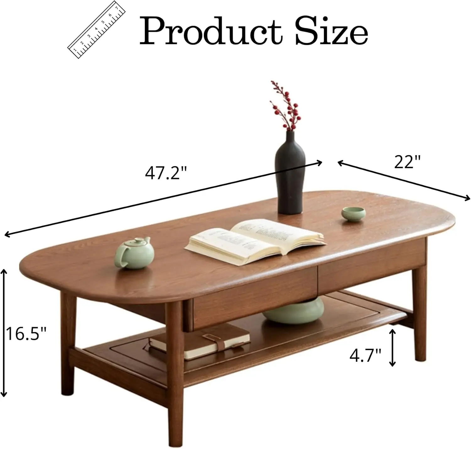 Mesa de centro moderna de madera maciza para sala de estar, mesa de centro de nogal con 2 cajones y estante de almacenamiento abierto, 47,2"