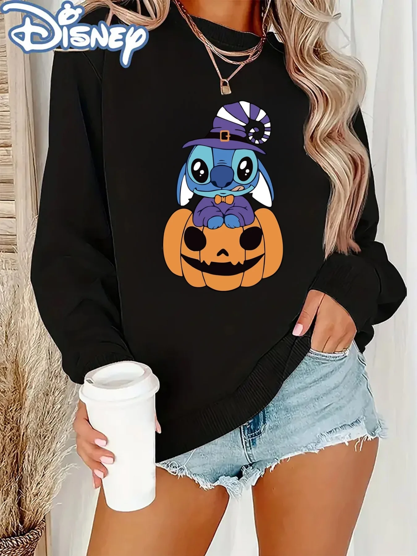 Disney stitch impressão feminina em torno do pescoço moletom pulôver unisex velo moda casual outono e inverno oversized