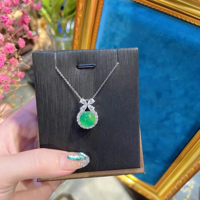 925 silver diamond-encrusted ice chalcedony small cherry pendant for women, round heart collarbone necklace