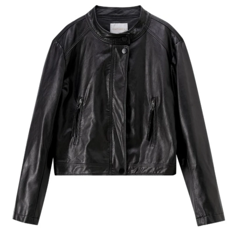 SENTUBILA المرأة فو سترات من الجلد 2025 الخريف جديد الصلبة سستة الوقوف طوق سترة عادية بسيطة معطف طويل الأكمام W53GA3325