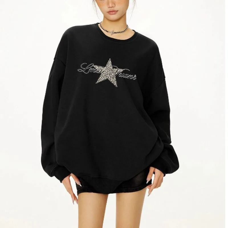 

Американский ретро черный свитшот с капюшоном и круглым вырезом женский осенний тяжелый свободный топ для похудения