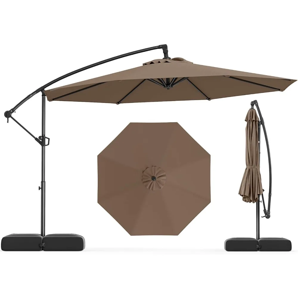 

10ft Patio Umbrella With Base, Offset Cantilever Outdoor Umbrella With Infinite Tilt, 360 Degree Rotation, Crank Handle