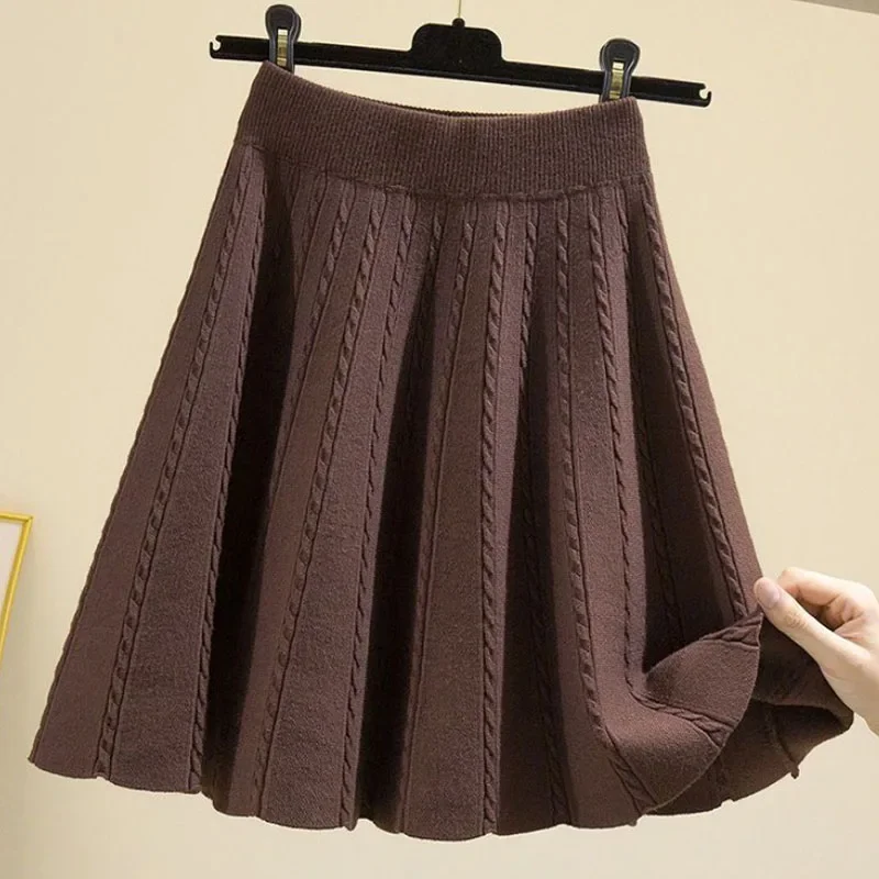 

Spring Autumn Knitted Elastic Waist High Irregular Skirts New Screw Thread All-match Pleated Skirts for Women Korean Trend P136