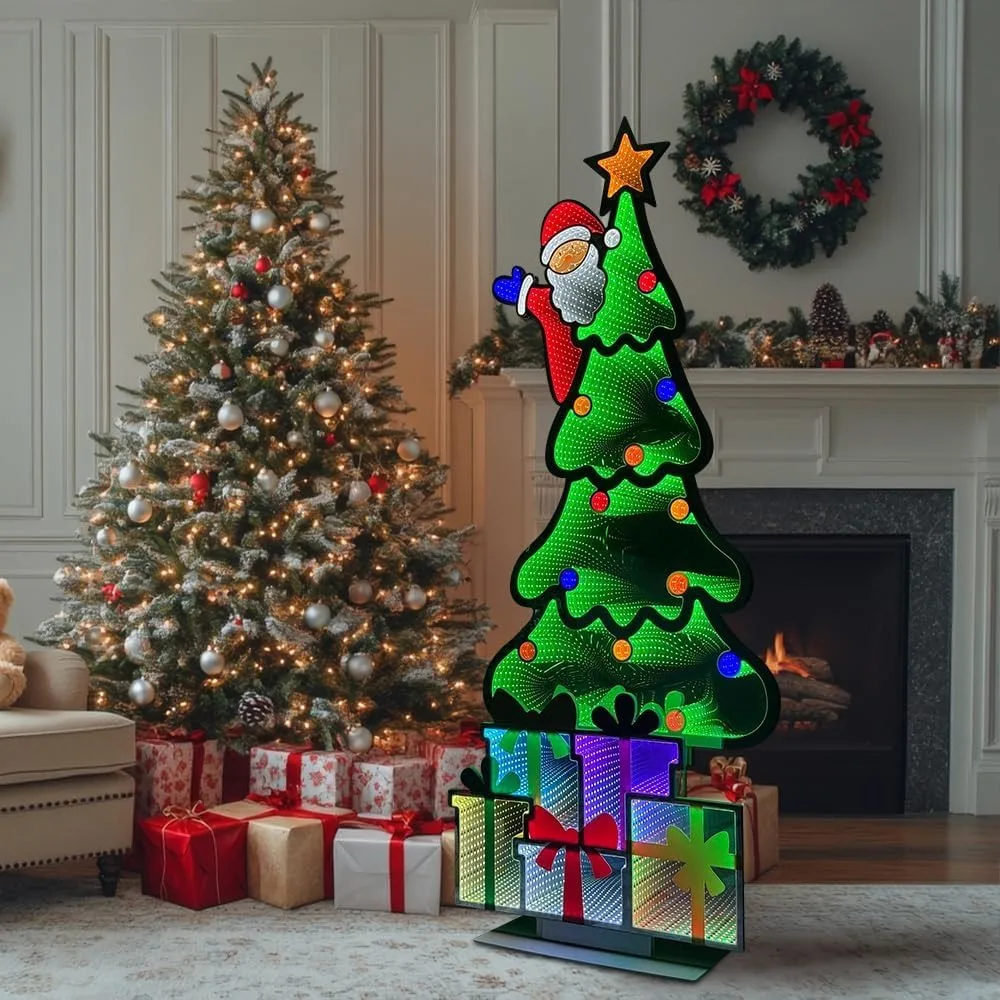 شجرة عيد الميلاد بطول 6 أقدام مع سانتا وصندوق هدايا، مرآة إنفينيتي، ضوء نفق ثلاثي الأبعاد لا نهاية له للمنزل والحفلات الداخلية والخارجية