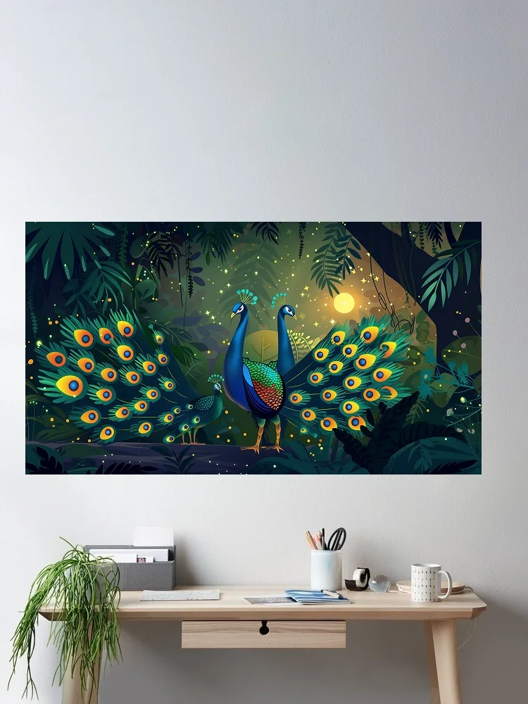Majestic Peacocks Exotic Birds Theme Art Print Canvas Poster, Living Room Decor, Home Wall Picture