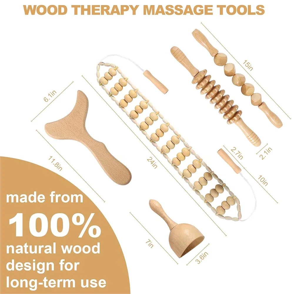 Professional Maderoterapia Wood Therapy Massagem Ferramentas, Back Roller Rope para Drenagem Linfática, Anti-Celulite, Body Contouring Kit