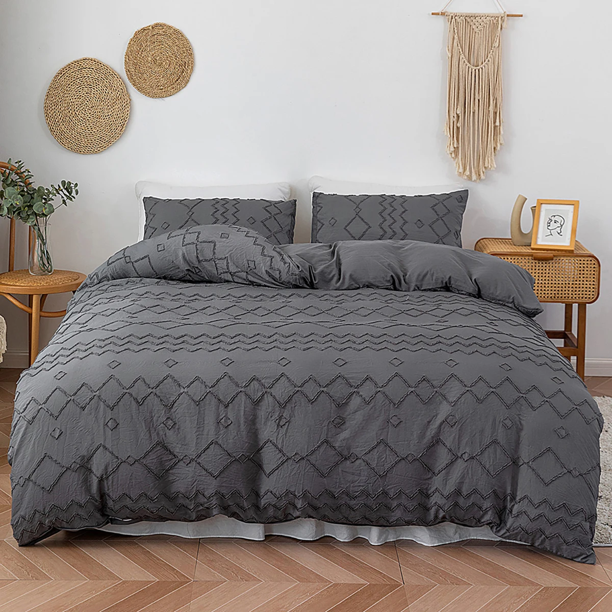 3pcs Duvet cover， Tufted Duvet Cover Set with Geometric Wave and Plaid Design for All Seasons， Comfortable and Soft，