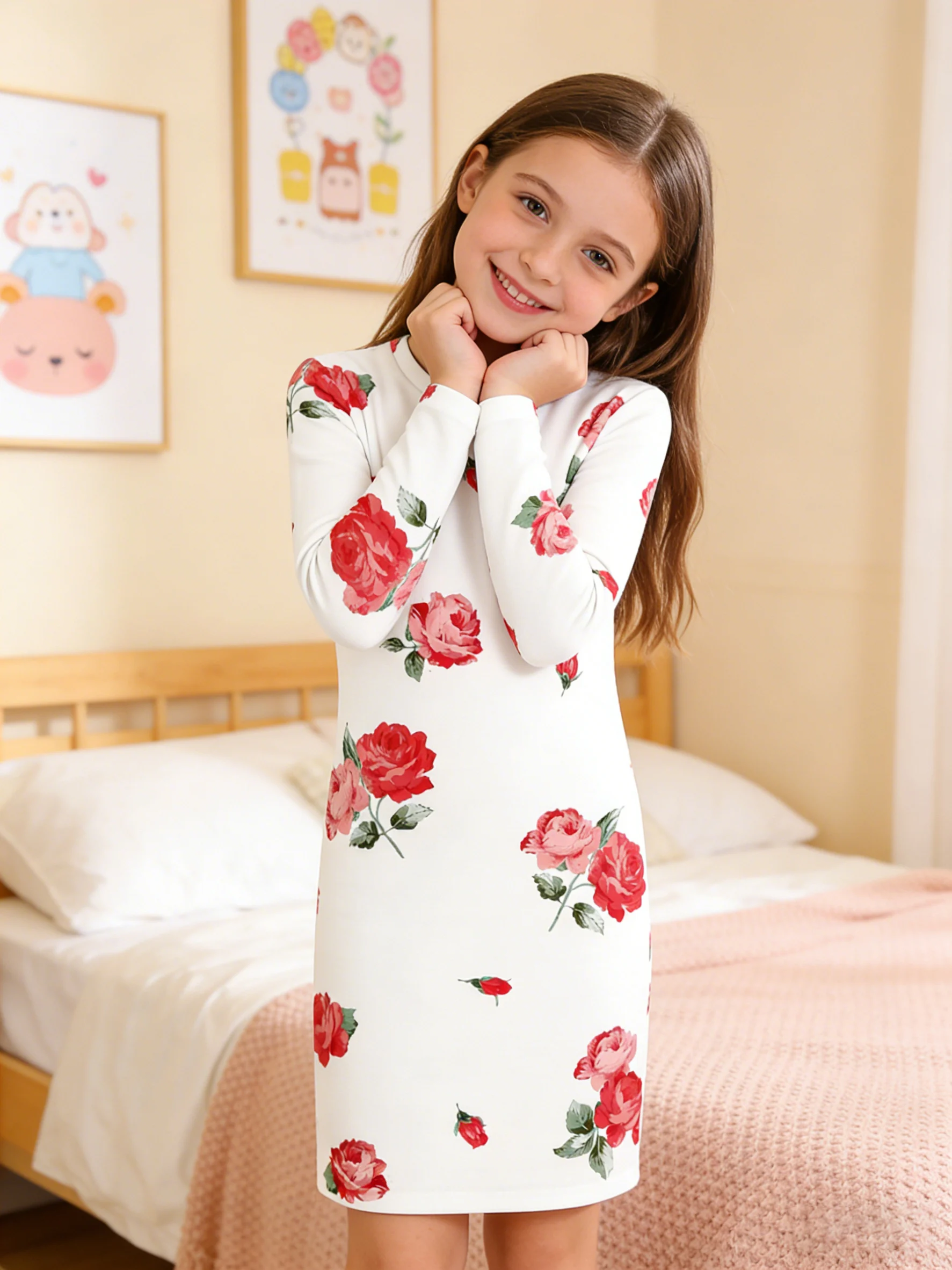 

2026 Girls White Bottom Red Pink Rose Print Long Sleeve Slim Fit Dress