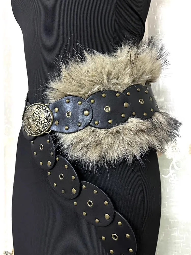 女性のファッションフェイクファーパッチワークリベット Pu レザーコルセット女性カマーバンドコートウエストバンドドレス宣言ワイドベルト J1332