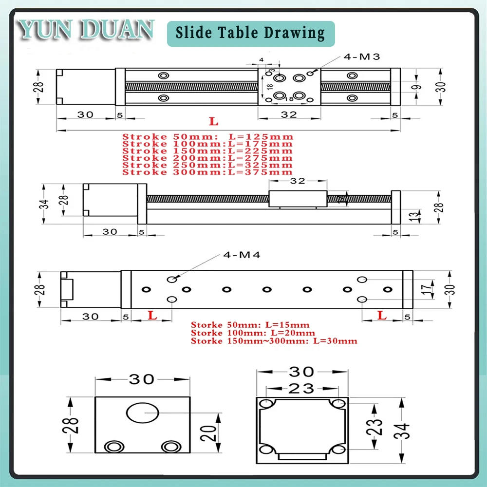 Mini T-type Sliding Table Rail Linear 50-300mm Stroke Nema11 28mm Stepper Motor Driver TB6600 Kit CNC Linear Guide XYZAxis Table