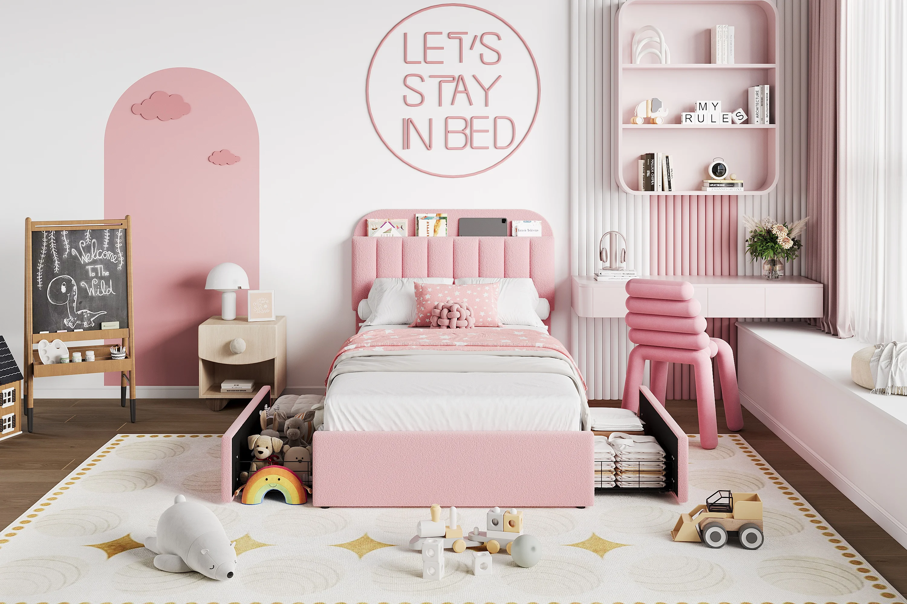 GarveeLife Upholstered Platform Bed Frame with Storage Headboard, 2 Drawers & Bookcase – Boucle Fabric, Noise-Free, No Box Spring Needed, Easy Assembly – Light Pink/Gray