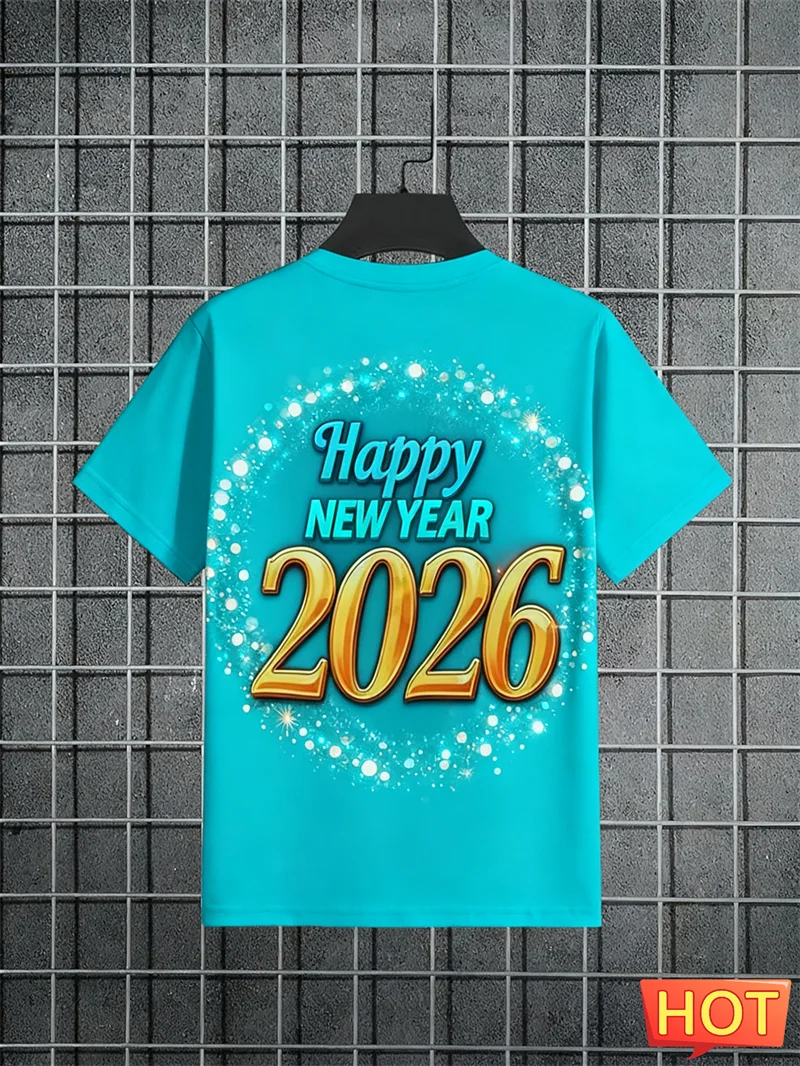 

2026 Happy New Year Letters T Shirts Fashion Trendy Men Women Firework 3D Printed T-shirts Loose Streetwear Crew Neck Tees Tops