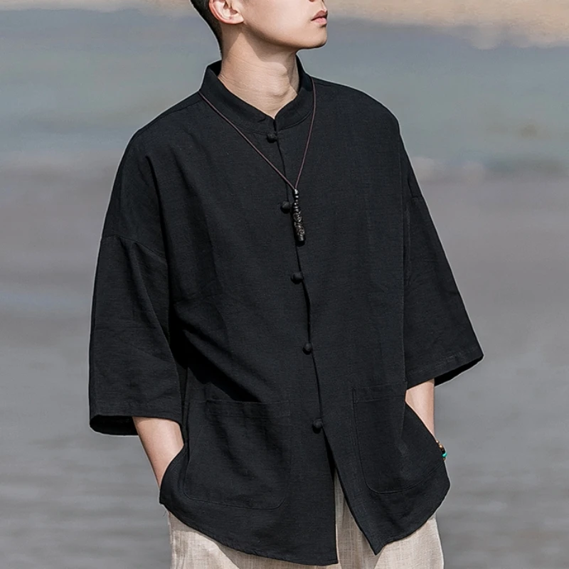 Chinese Traditional Dress Vintage Cotton Linen Short Sleeve Shirt For Men Clothing Summer Tai Chi Kung Fu Plus Size Top Male