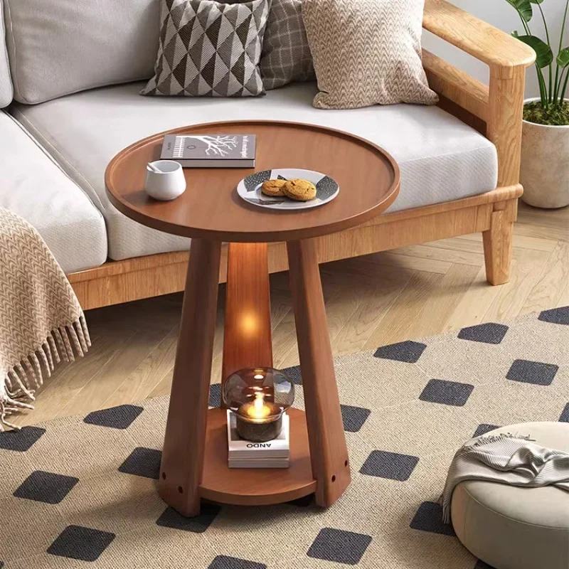 

Nordic Small Round Table Simple Sofa Side Tables Living Room Double Layers Room Desk Solid Wood Movable Bedroom Coffee Table