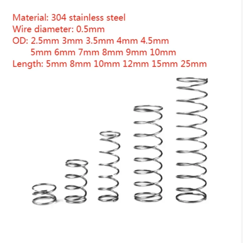 10pcs/Lot 0.5mm 304 Stainless Steel Micro Small Compression Spring OD 2.5/3/3.5/4/4.5/5-10mm  Length 5mm 8mm 10mm 12mm 15mm 25mm