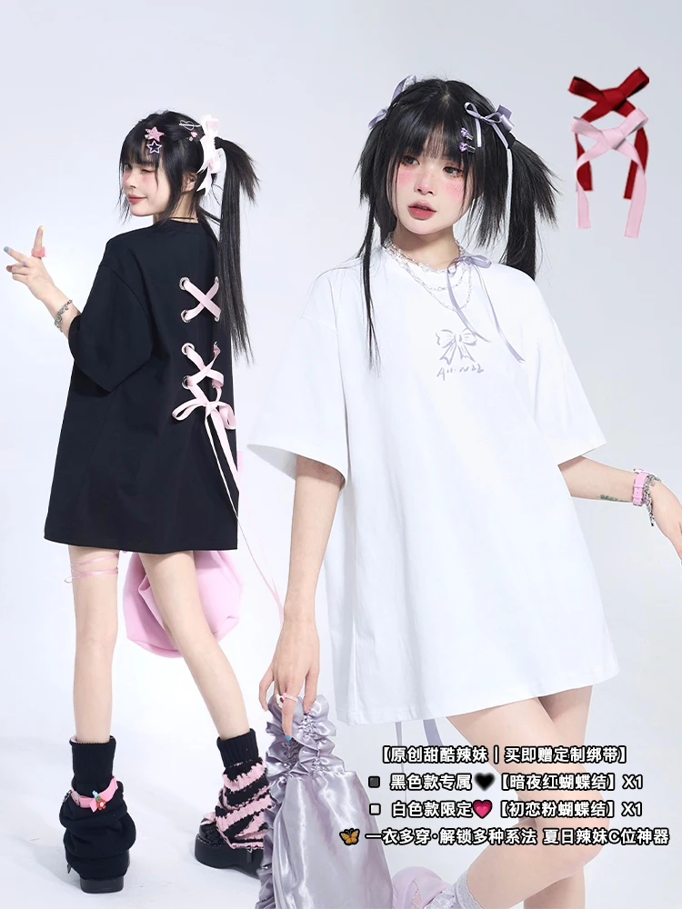 T-shirt à manches courtes pour femmes, bretelles à nœud, Design Original, ample, doux, Cool, haut polyvalent, vêtements Y2k, été