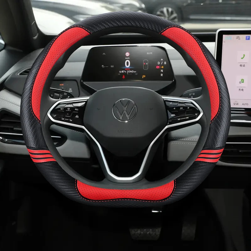 Car Steering Wheel Cover Leather For Volkswagen T-ROC R Taigo Touareg R Atlas R Taos T-Cross 2018- 2024 2025 Auto Accessories