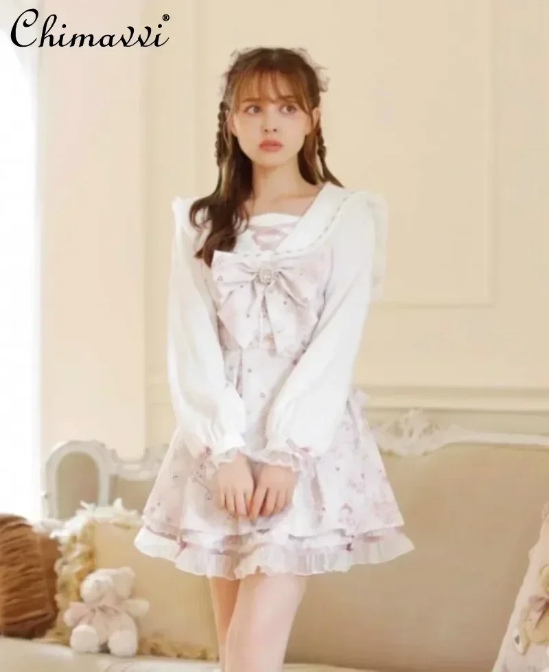 Liz Japanese Mine Dress Set 2025 Spring New Sweet and Cute Bow Bear Long Sleeve Lolita Dress Top and Shorts Kawaii Two-piece Set
