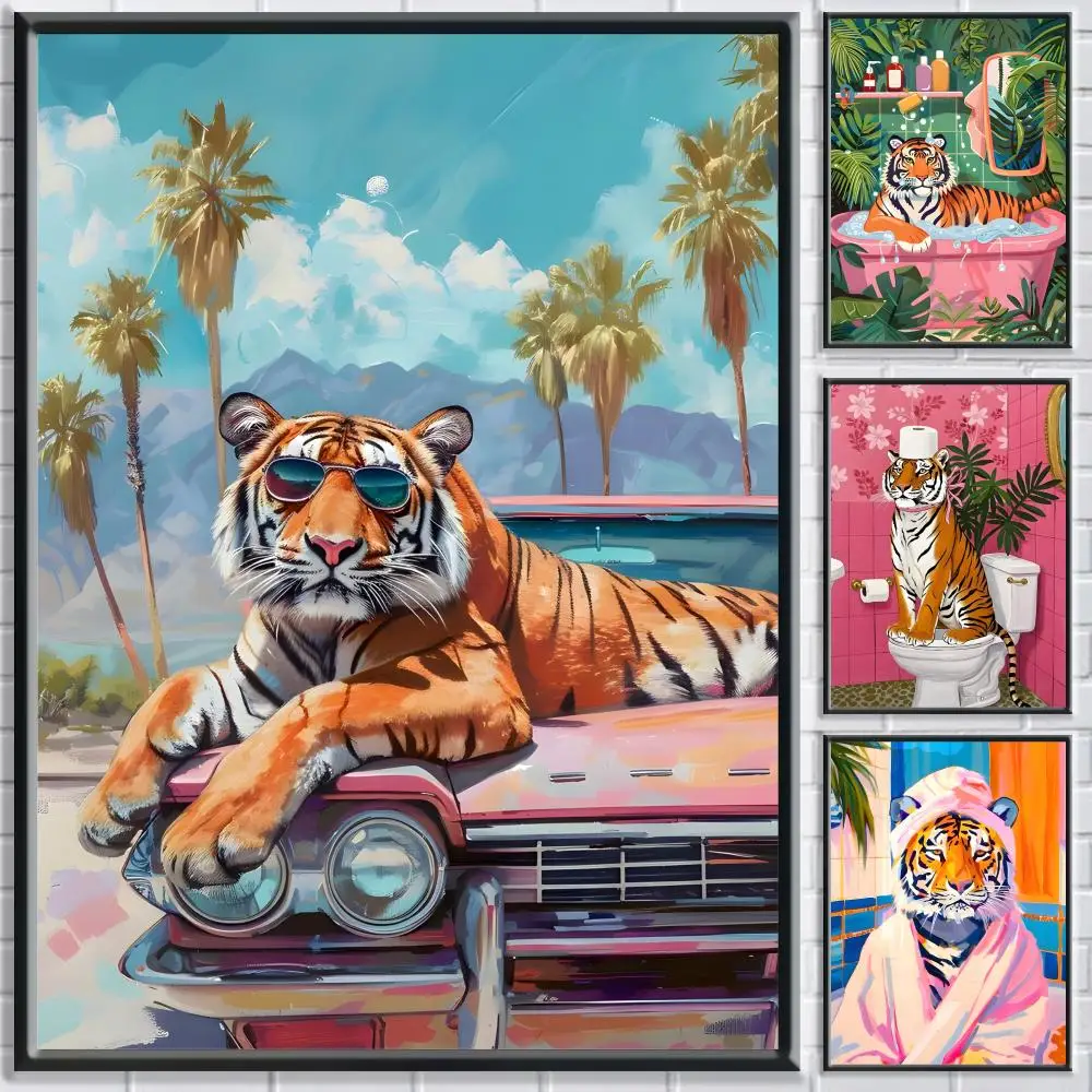 Tiger, süßes Tier-Vintage-Gemälde, Poster, Schlafzimmer, Wohnzimmer, Arbeitszimmer und darüber hinaus, selbstklebendes Dekor + perfektes Geschenk
