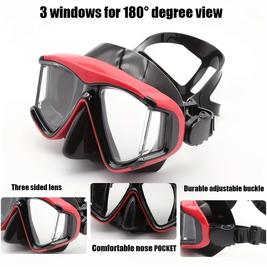 หน้ากากดําน้ําแบบพาโนรามาเลนส์พีซีสามหน้าต่างหน้ากากดําน้ําดูปะการังที่คาดผมซิลิโคนยืดหยุ่นสูงสายรัดน้ําหนักเบาปรับได้