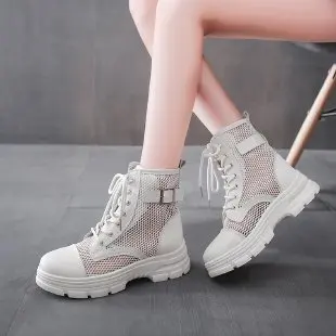 New Summer Thin Ankle Boots Solid Color with British Style Flat Hollow Mesh Boots Women\'s Mesh Breathable Doc Martens Boots