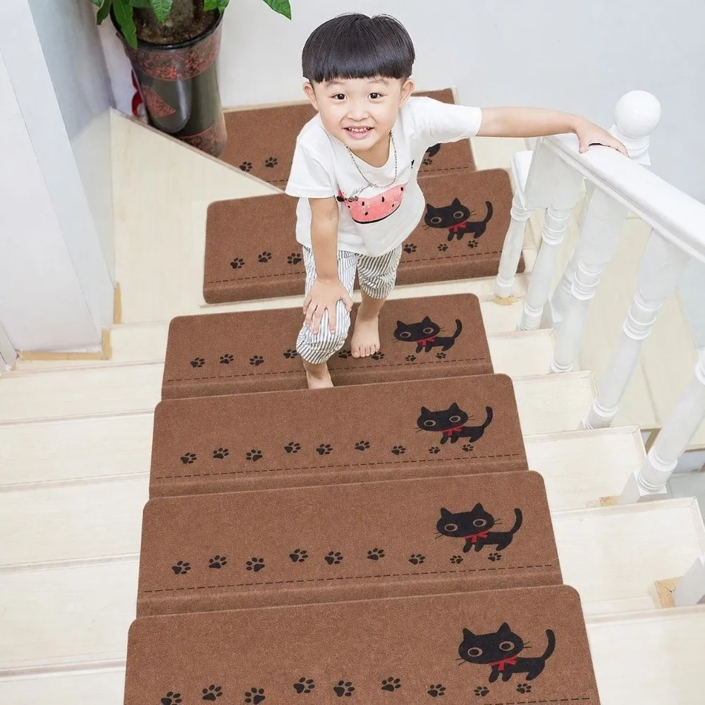 Non Slip Stair Treads for Wooden Steps Self Adhesive Cat Paw Print Carpet Stair Mats Noise Reduction Soft Stair Rugs Pad