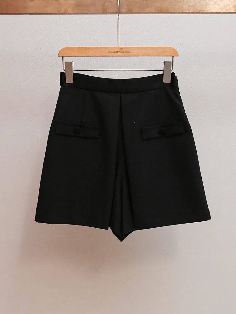 

Spring/Fall Women A-line High Waist Pocket Loose Solid Shorts Fashion Casual Wide Leg Shorts
