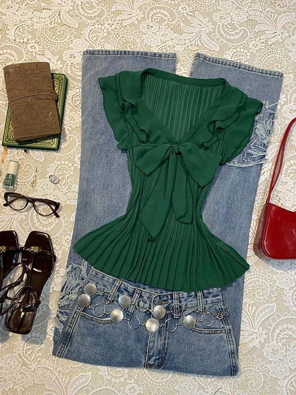 

Ele een Chiffon irt Women's Summer Vintage Sle White Enhancing Faionable Small Top Knot Regular Fit Cot...