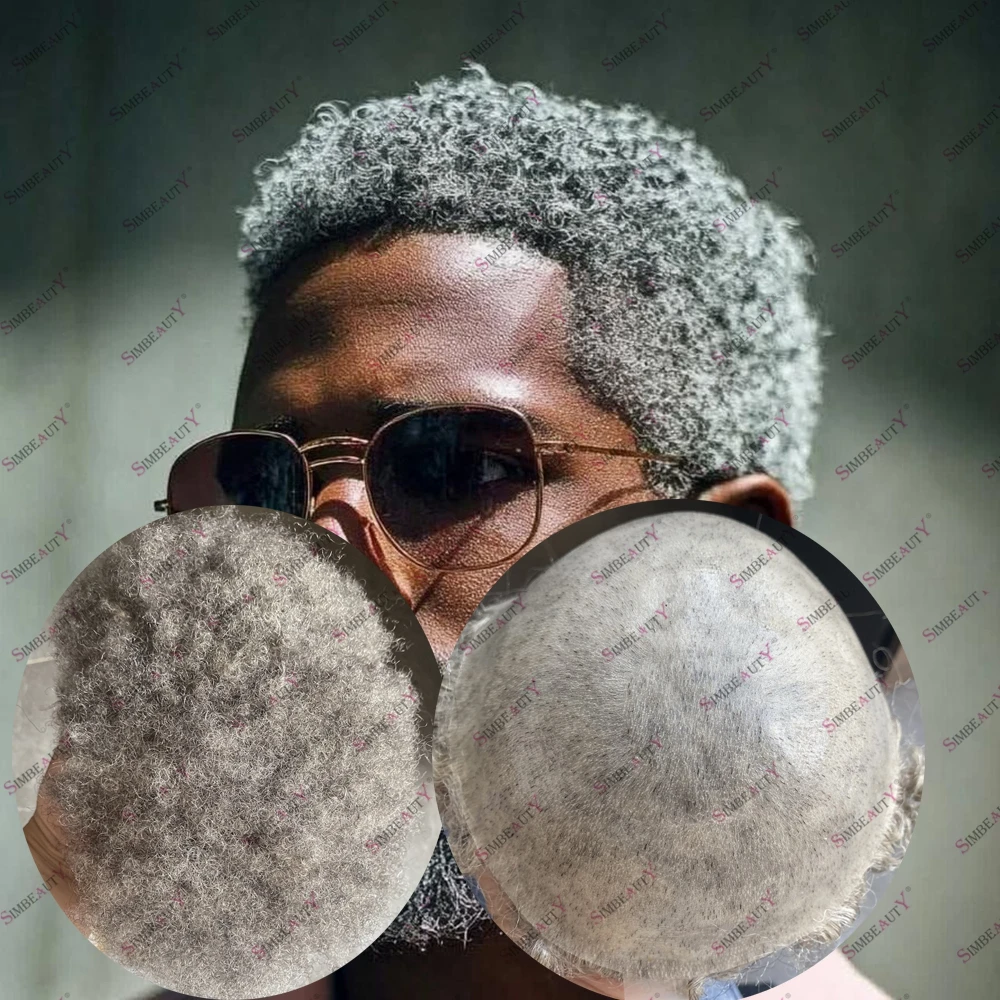 Black Old Men's Afro 6mm Kinky Curly Human Hair Durable Skin Base Toupee for Hairloss 0.1mm Strong PU Base 1B65 1B50 Hair Patch