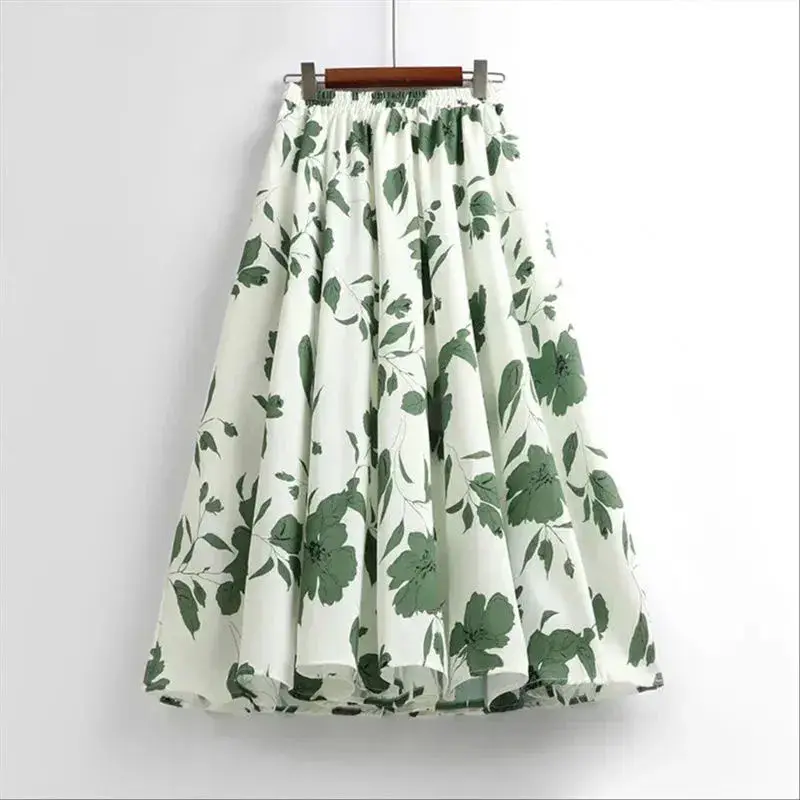 Women Elegant Floral A-line Skirt  High Quality Elastic Waist Slim Temperament Casual Lady Summer All-match Skirt Fashion