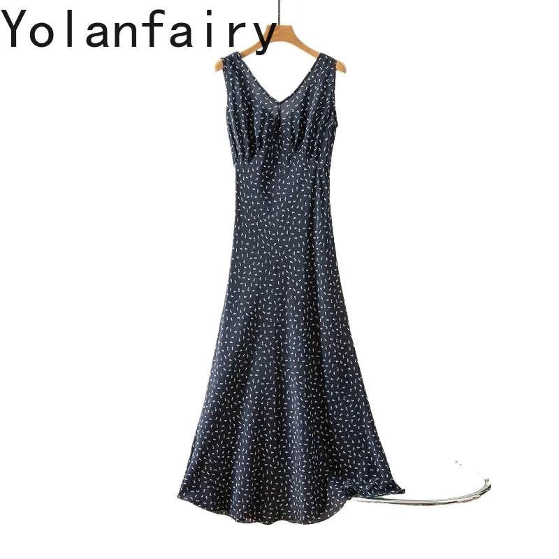 

YOLANFAIRY 100% Real Mulberry Silk Dresses for Woman 2026 Summer Sexy Dress Women Sleeveless Elegant V-neck Party Dress Long