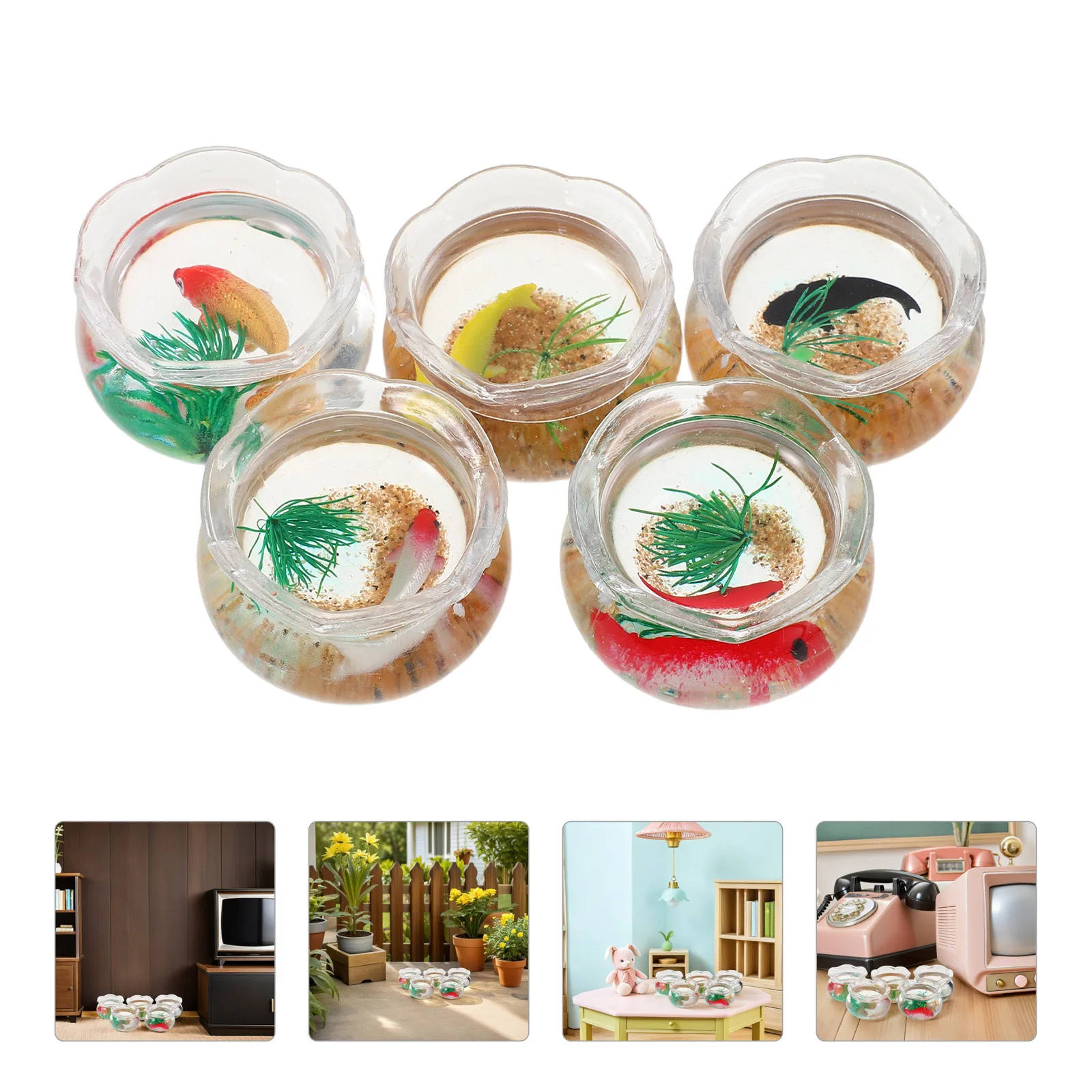 

5Pcs Mini Fish Bowl Realistic Koi Simulated Water Plants Small Round Aquarium Dollhouse Garden Scene Decor Mini Fish Bowl