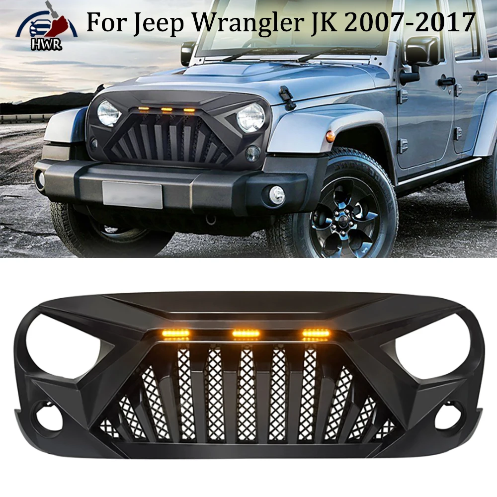 

Car Mesh Grille Guard Grid Sporty Offroad Parts For Jeep Wrangler JK 2007-2017 With Yellow Led Running Lights Front Bumper Grill