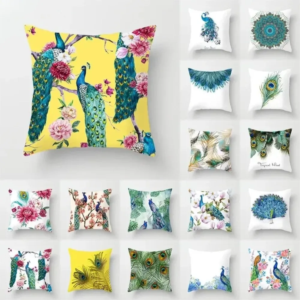 Peacock Feather Collection Double-sided Printed Throw PillowShort Plush Suitable Living Room Bedrooms Sofas Throw Cushion