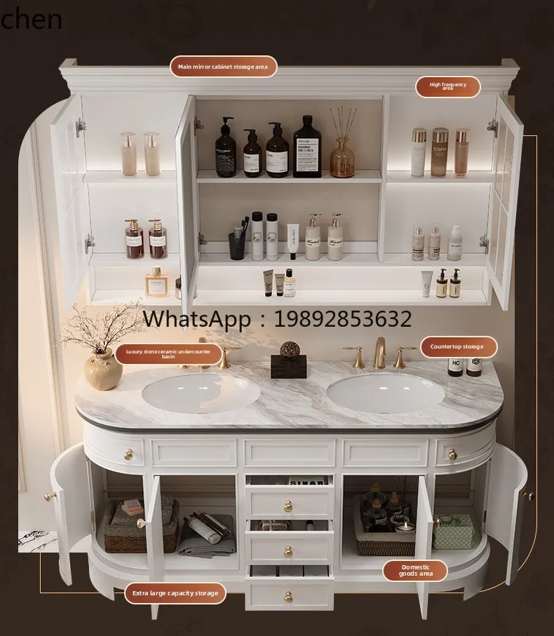 retro rock slab hot bending integrated basin floor-to-ceiling rubber wood arc bathroom cabinet