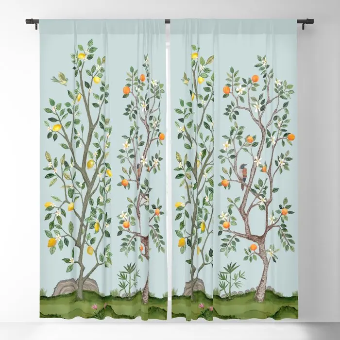 Chinoiserie Citrus Grove Multicolor Blackout Curtains 3D Print Window Curtains for Bedroom Living Room Decor Window Treatments