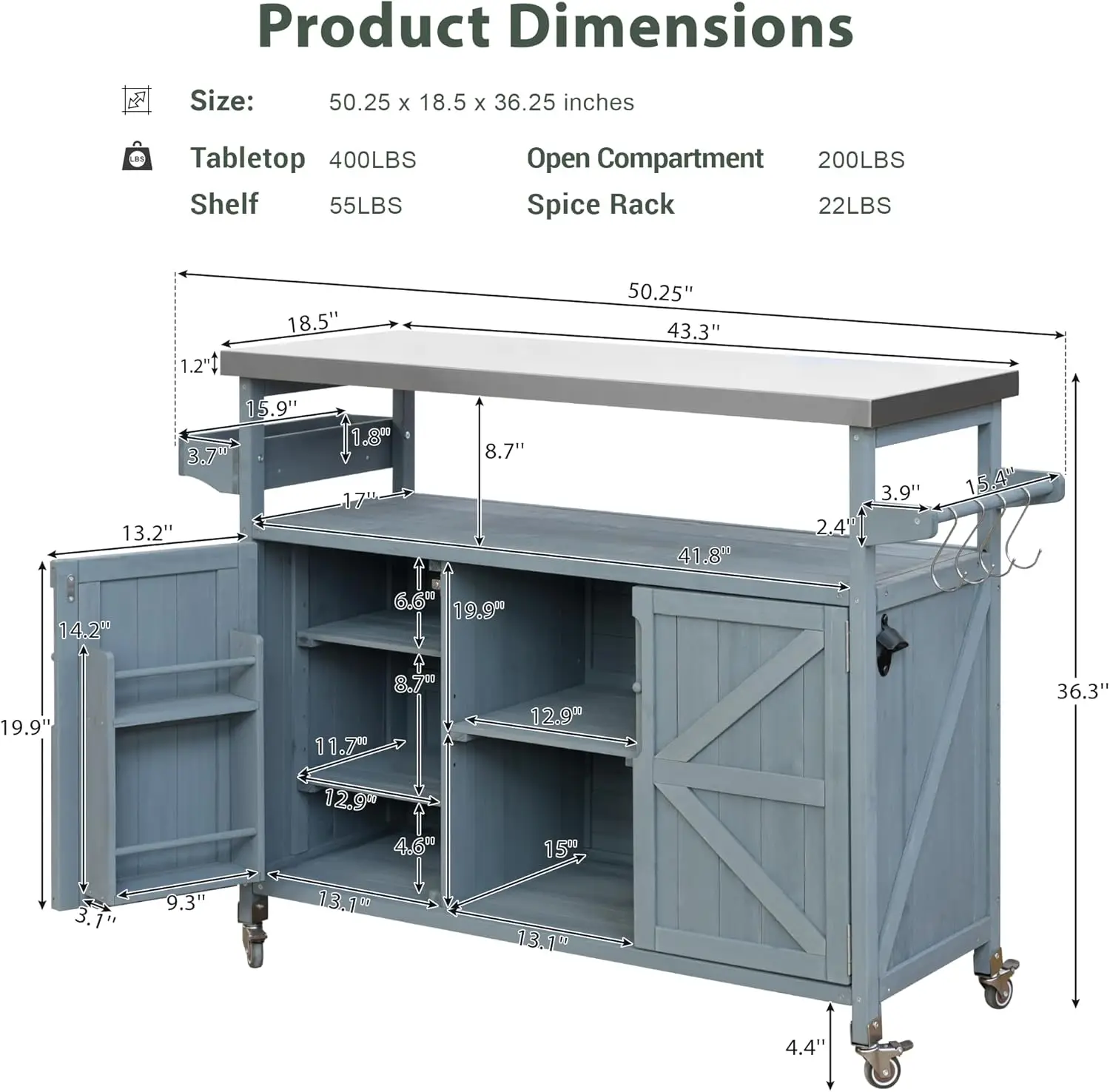 Isola da cucina per esterni, carrello e armadietti con barra avvolgibile, piano in acciaio inossidabile, portaspezie, portasciugamani da cucina e barbecue