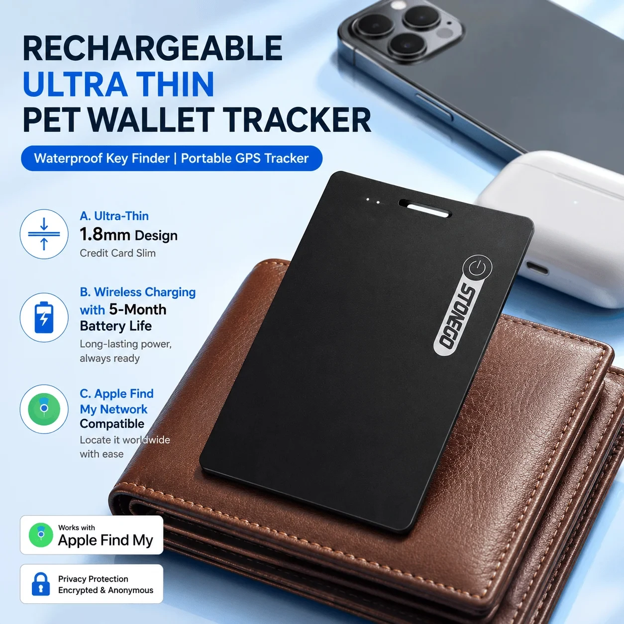 Wallet Tracker Key Finder Pet Tracker Bluetooth Tracker Smart Tag Item Locator Luggage Tracker Ultra Thin Mini GPS Tracking Device Wireless Charging Apple Find My Compatible Left Behind Alerts Anti Lost For Wallet Keys Dog Cat Kids Bag Backpack Phone IOS