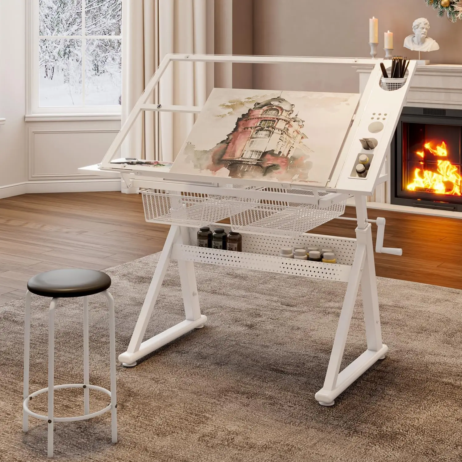 Adjustable Height Drafting Table with Storage Drawers & Stool for Adults, Glass Art Desk with Side Storage Strips, Drawing Table with Tilted Tabletop for Art Office Study (White+Glass A)
