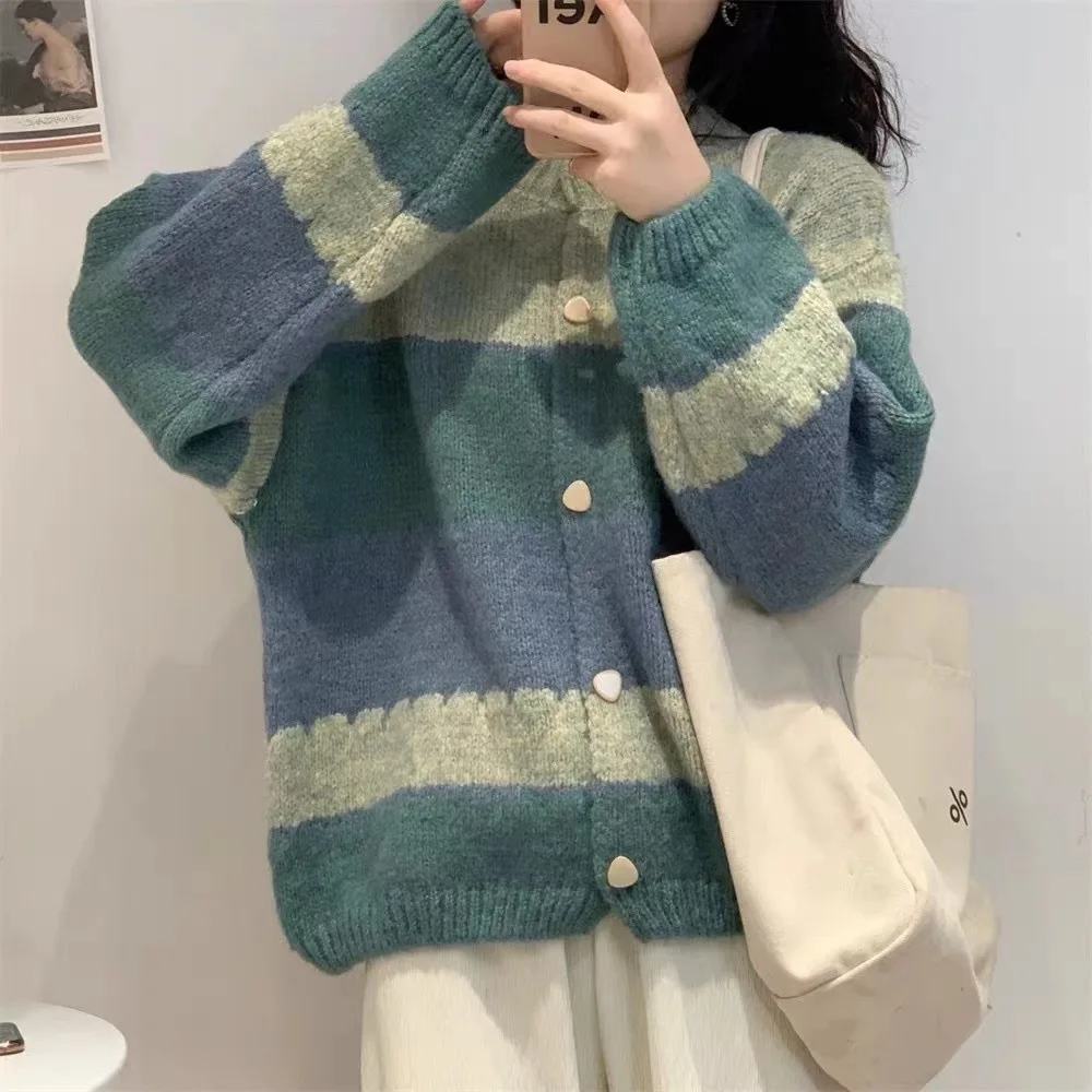 

Women Vintage Soft Jacket 2025 Korean Casual Knitted Cardigan O Neck Hit The Color Strip Sweater