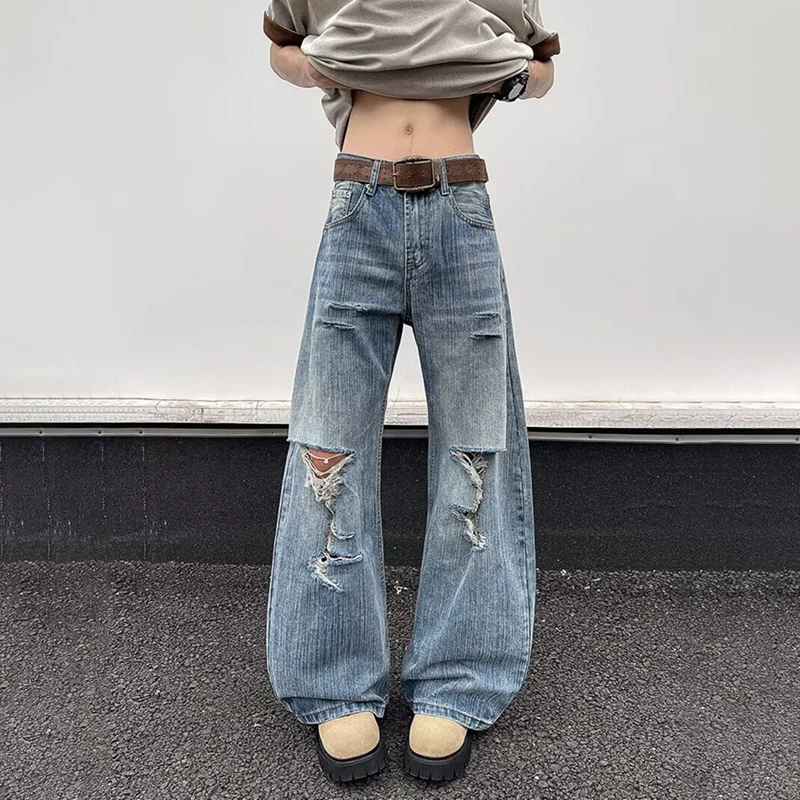 WTHT Moda Uomo Foro di Lavaggio Burr Edge High Street Pantaloni in Denim Vintage Stile Americano Jeans a Gamba Larga Maschile 2025 Estate 2A1217