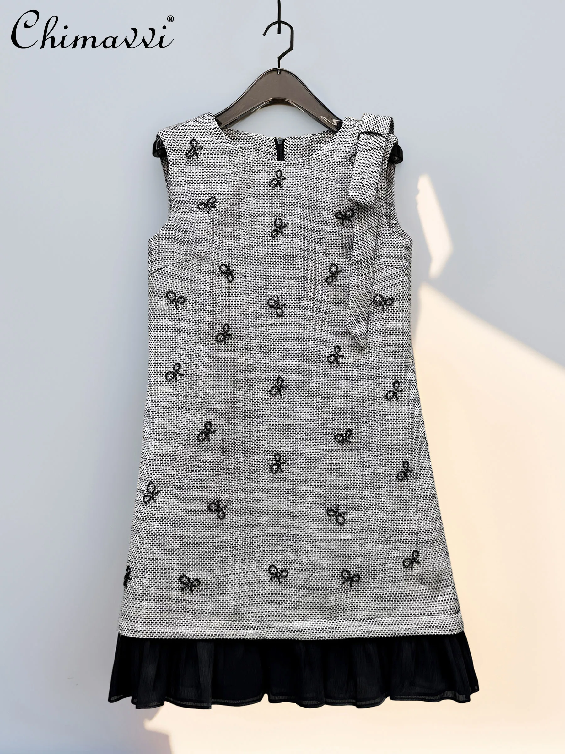 

2025 Autumn Women's Party Dresses Beaded Bow Round Neck Sleeveless Patchwork Fashion Elegant Socialite Short Tank Dress Women
