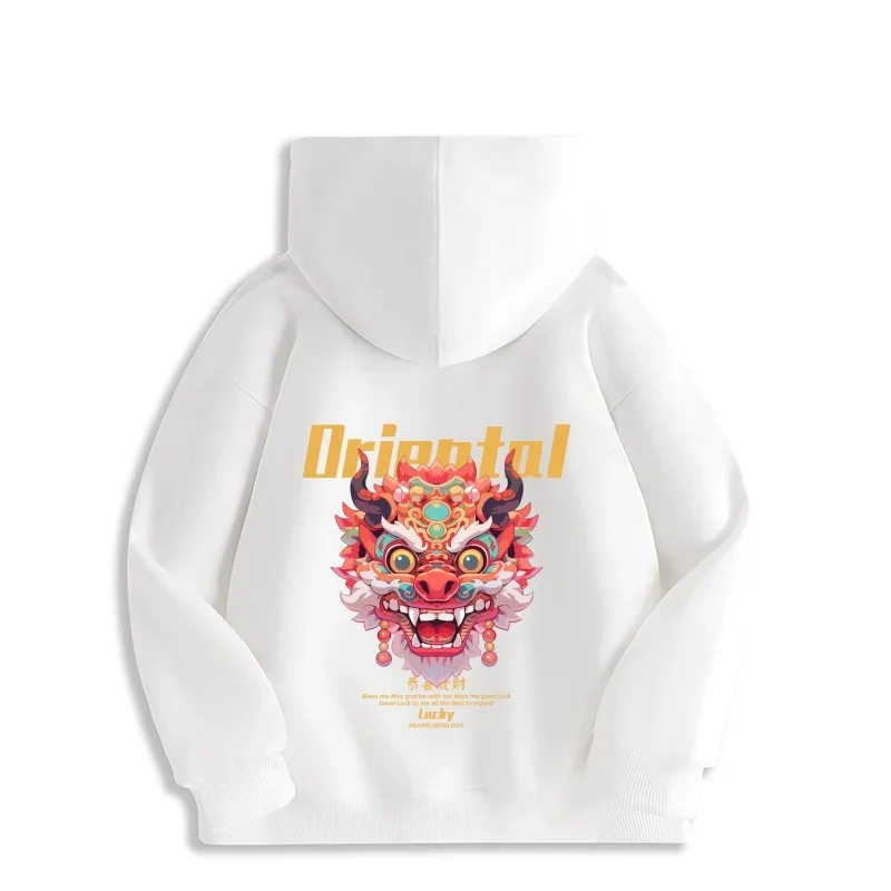 Oriental Dragon Face Hoodie - All-Season Harajuku Style Streetwear with Bold Lucky Charm Print, High Comfort