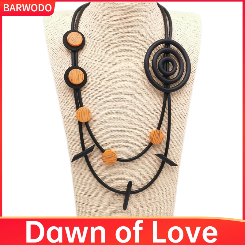 BARWODO Double Layer Charms Necklace For Women Round Wooden Accessories Gothic Designer Party Jewelry Wedding Gift Boho Necklace