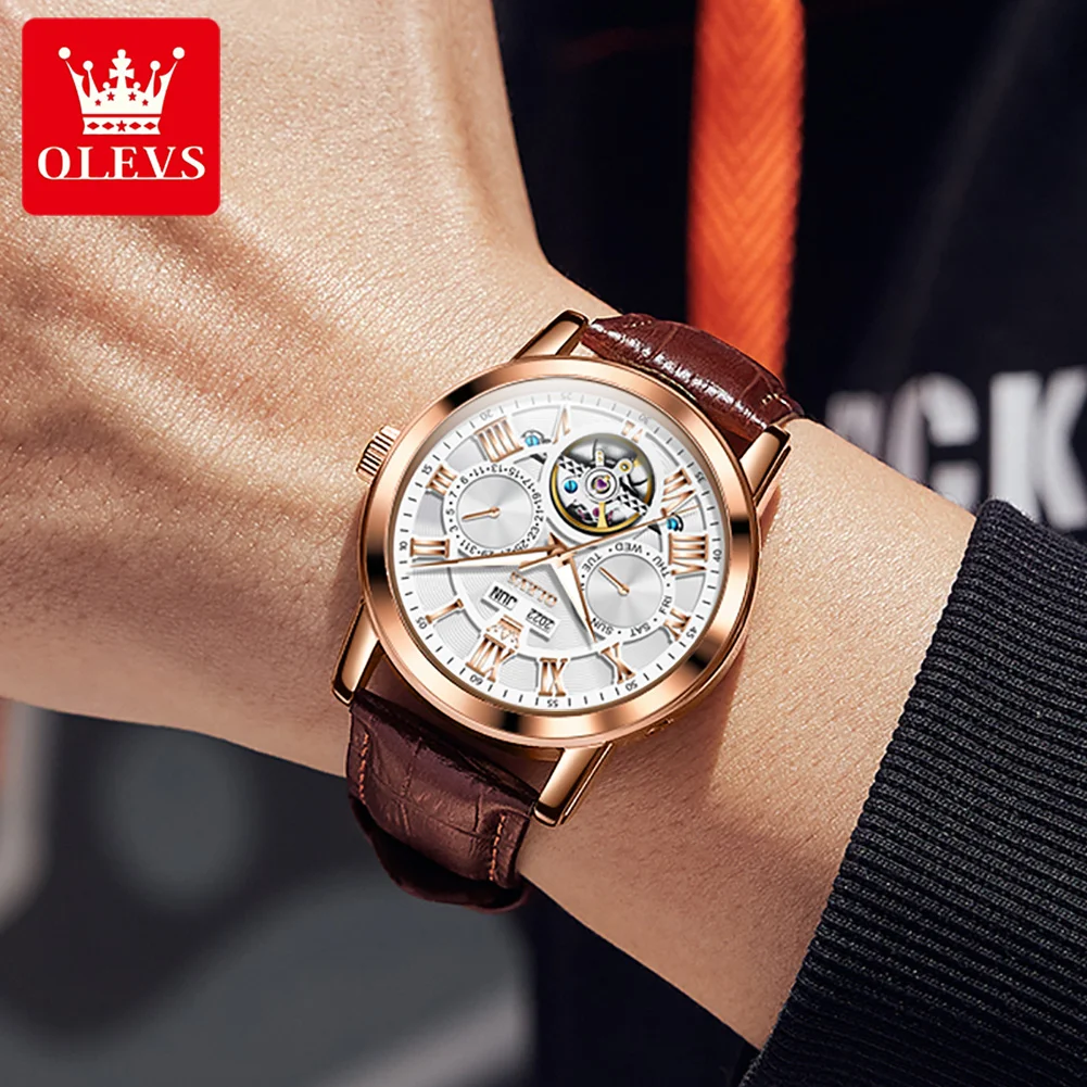 OLEVS Luxury Watch for Men Automatic Mechanical Watches Leather Band Waterproof Moon Phase Men\'s Wristwatches Relógio Masculino